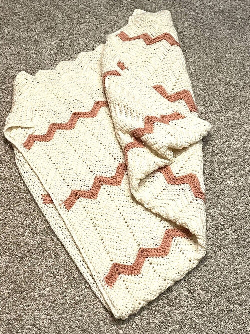 Vintage Crochet Throw Afghan Granny Blanket Chevron 85X47' Pink Cream Dusty Rose
